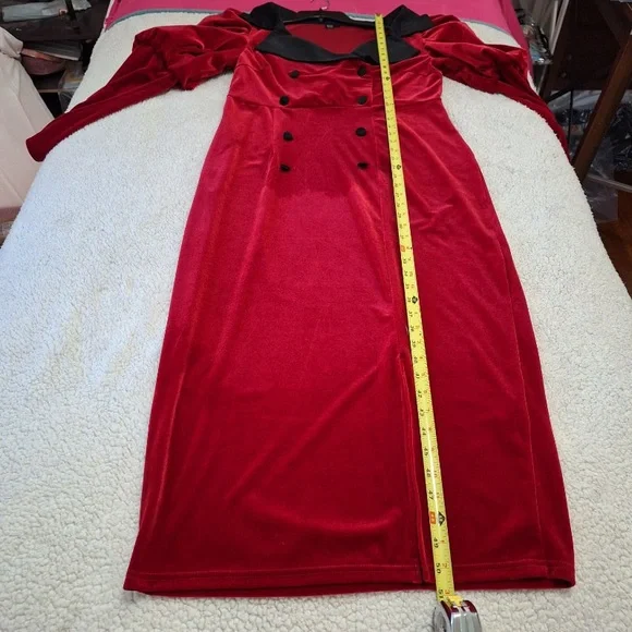 SHEIN Modely Puff Long Sleeve Velour Midi Red Dress w/Satiny Black Collar, Sz XL - Picture 12 of 15